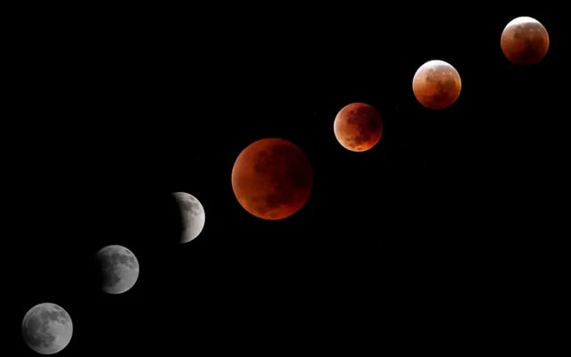 A montage of pictures shows the phases of the Blood Moon Total Lunar Eclipse as it is seen in Depok City, West Java province, Indonesia, on September 8, 2025.