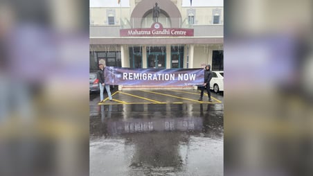 “Remigration now” banners outside&nbsp;Mahatma Gandhi Centre