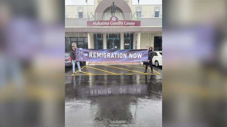 “Remigration now” banners outside&nbsp;Mahatma Gandhi Centre