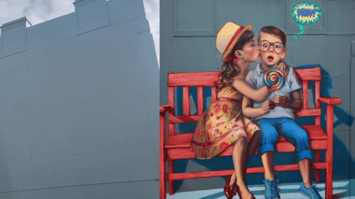 Polish artist Natalia Rak painted 'Love is in the Air' on the side of a Bond Street building in 2015, depicting two people sitting on a bench.