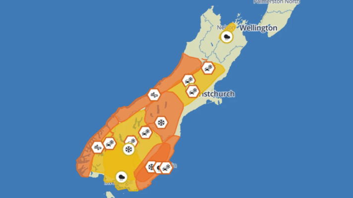 Heavy rain, ice, and snow are hitting the South Island as a cold front settles in.
