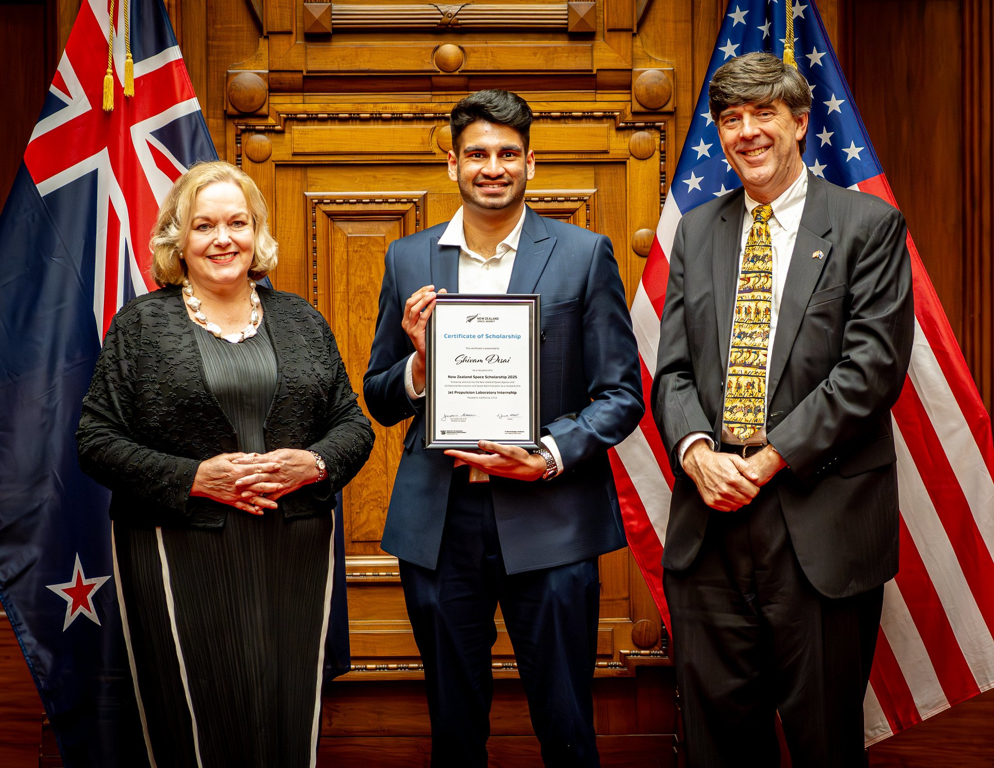 Shivam Desai w Space Minister Judith Collins and Mr David Gehrenbeck US Embassy (2)