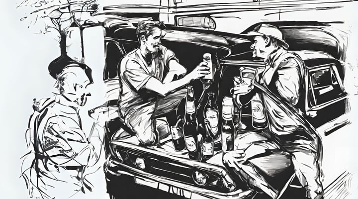 men drinking in car sketch