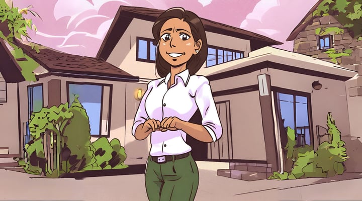 young indian woman buying a house caricature