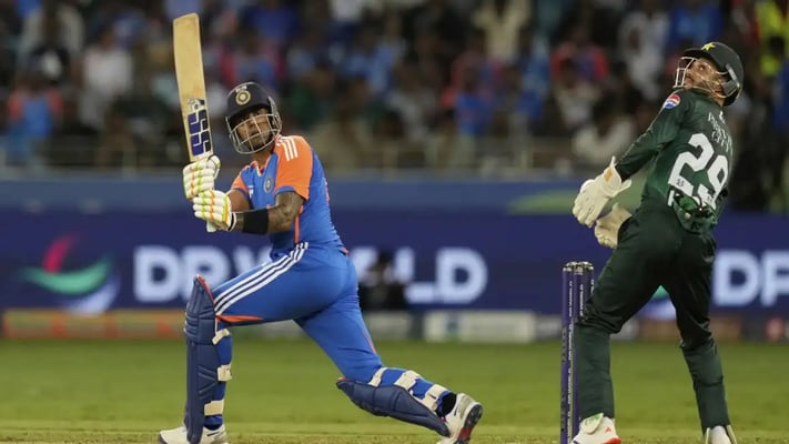 India's captain Suryakumar Yadav bats during the Asia Cup cricket match between India and Pakistan at Dubai International Cricket Stadium in Dubai