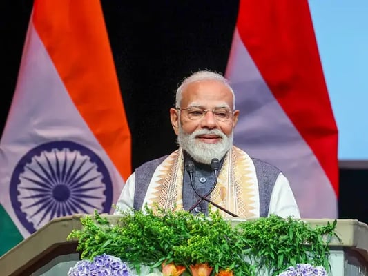 Prime Minister Narendra Modi speaks during a community programme, in The Hague on Saturday.