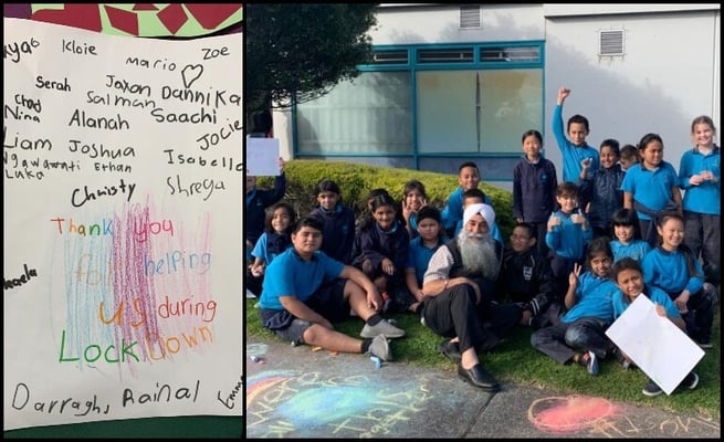 School children pay a surprise visit to a local supermarket to thank for essential services