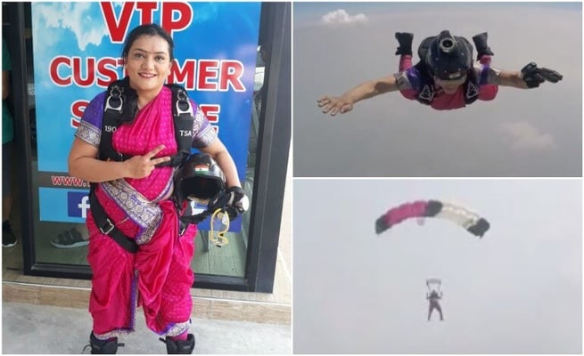 Indian woman sets new record- skydives in Maharashtrian sari